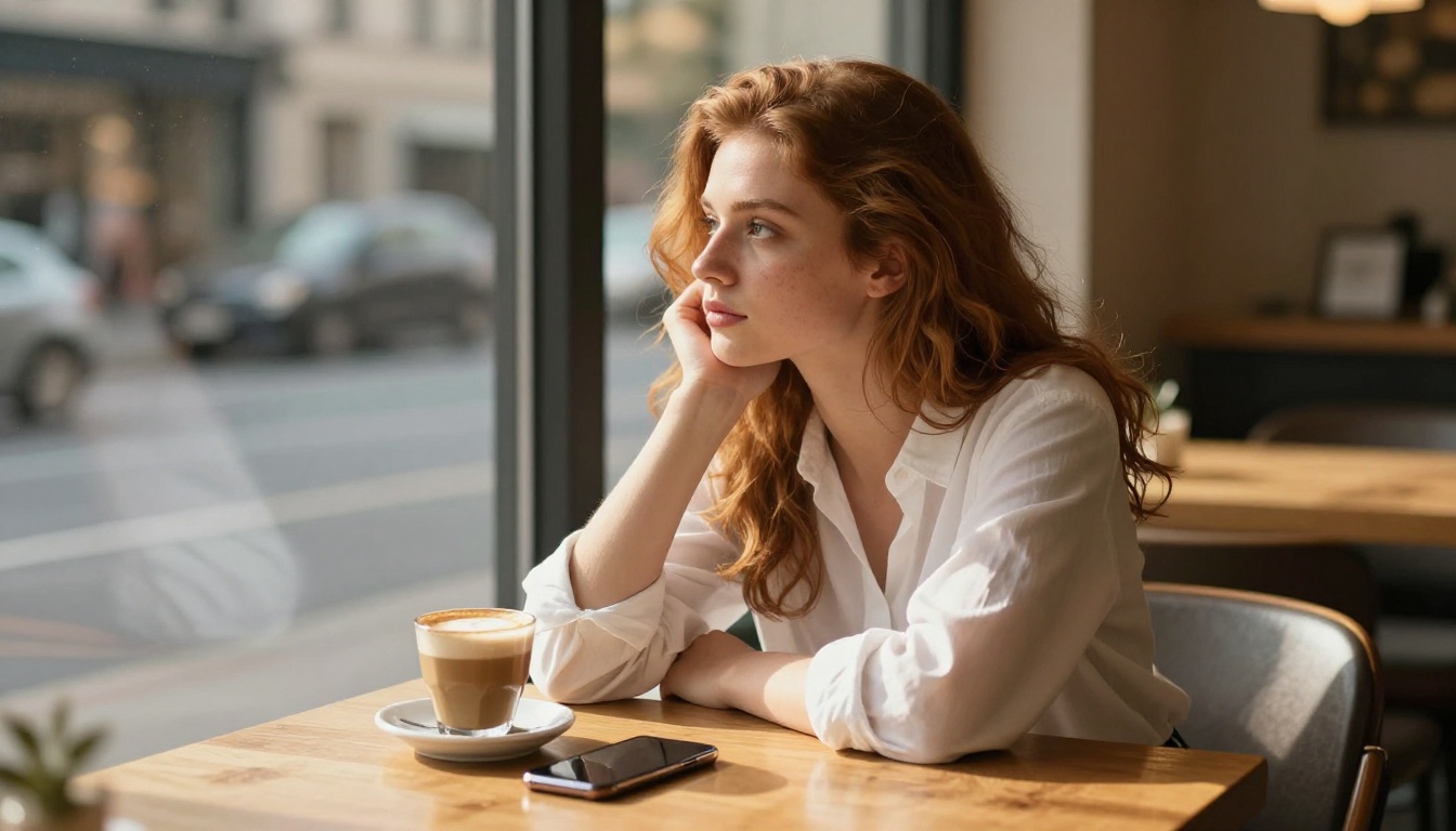 Young woman at a cafe window table gazing pensively outside, phone resting on the table, golden late afternoon light