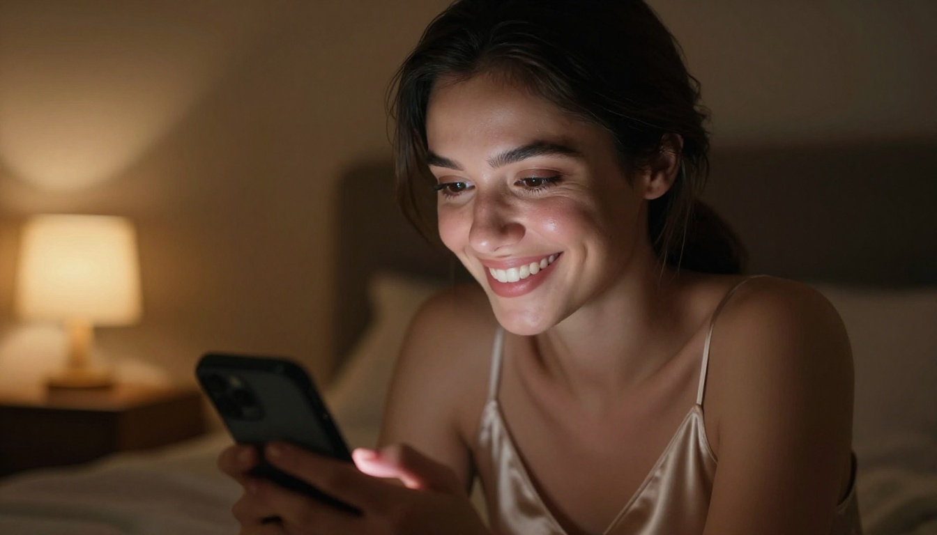 Confident young woman smiling warmly at her phone in warm evening lamplight, intimate and engaged atmosphere