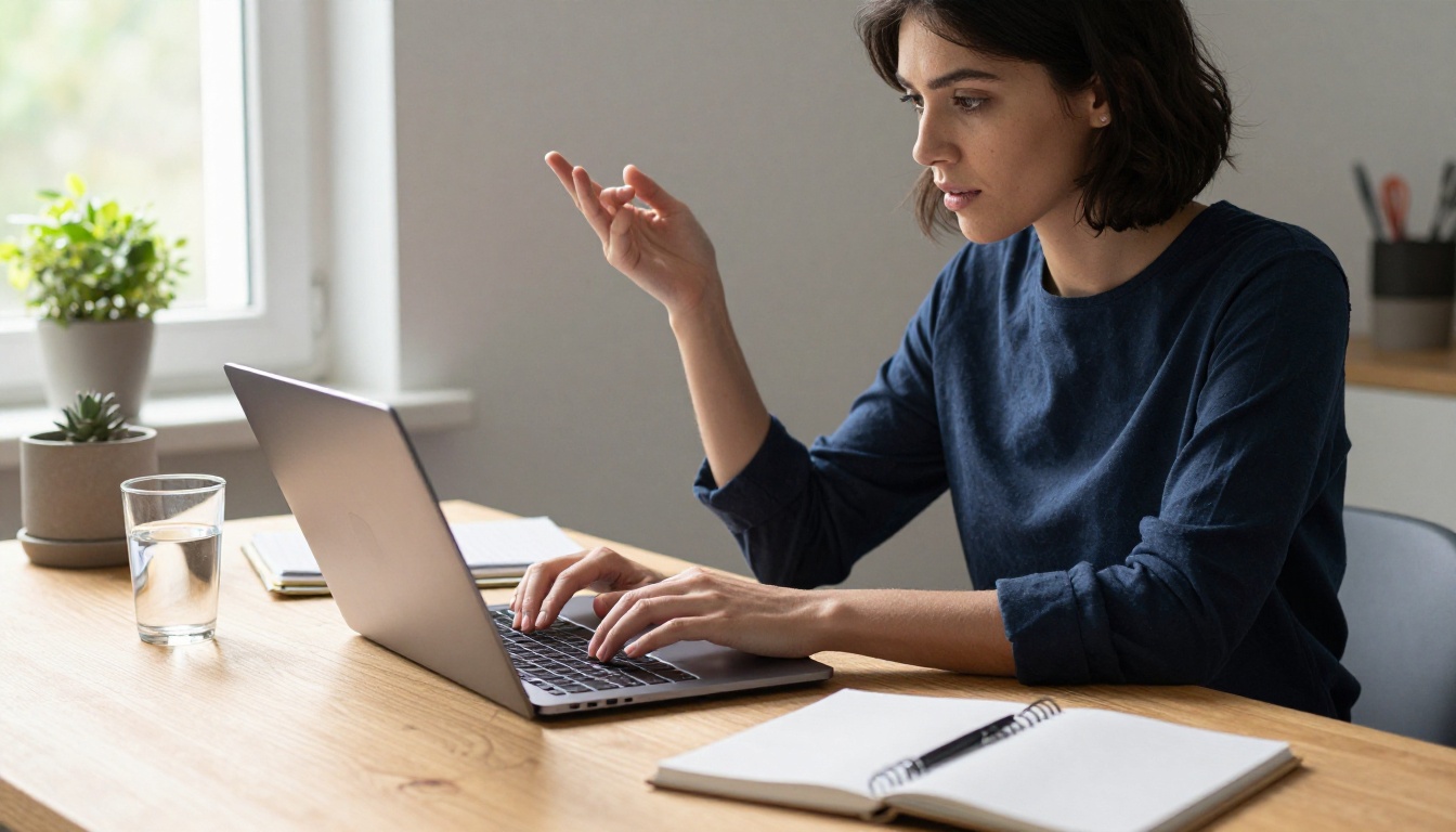 Young woman with short dark hair typing on a laptop at a clean wooden desk, focused and engaged, natural daylight