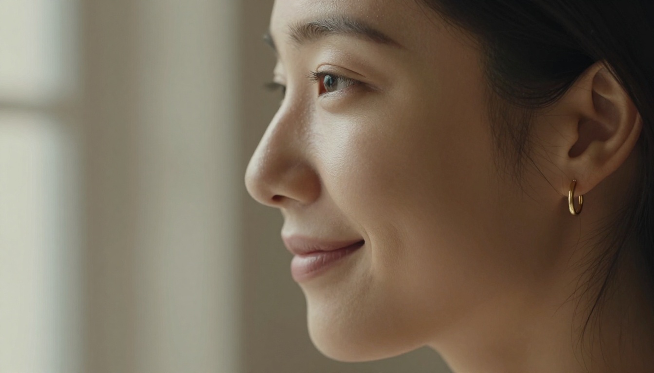 Close-up profile of a woman's face in soft natural window light, peaceful and content, a safe and comfortable expression