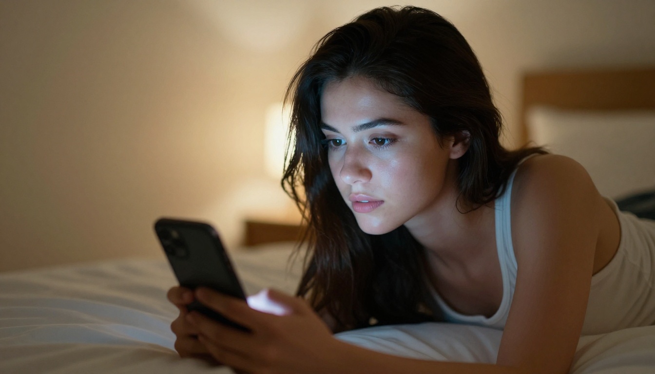 Woman lying in bed staring at glowing smartphone screen at night