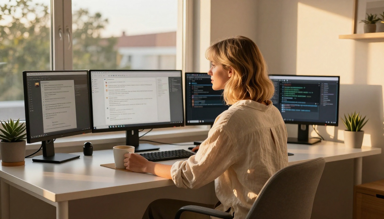 Home office with multiple chat screens and warm afternoon golden light