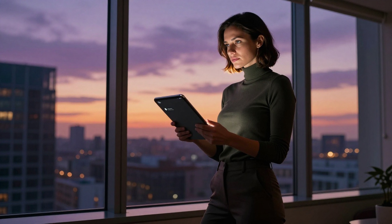 Confident woman with tablet at floor-to-ceiling window with dusk cityscape behind her