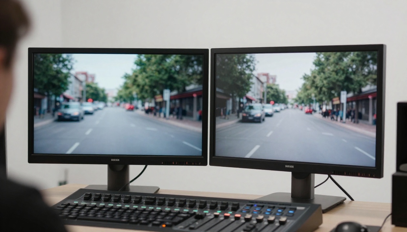 Before and after video stabilization comparison on large studio monitor