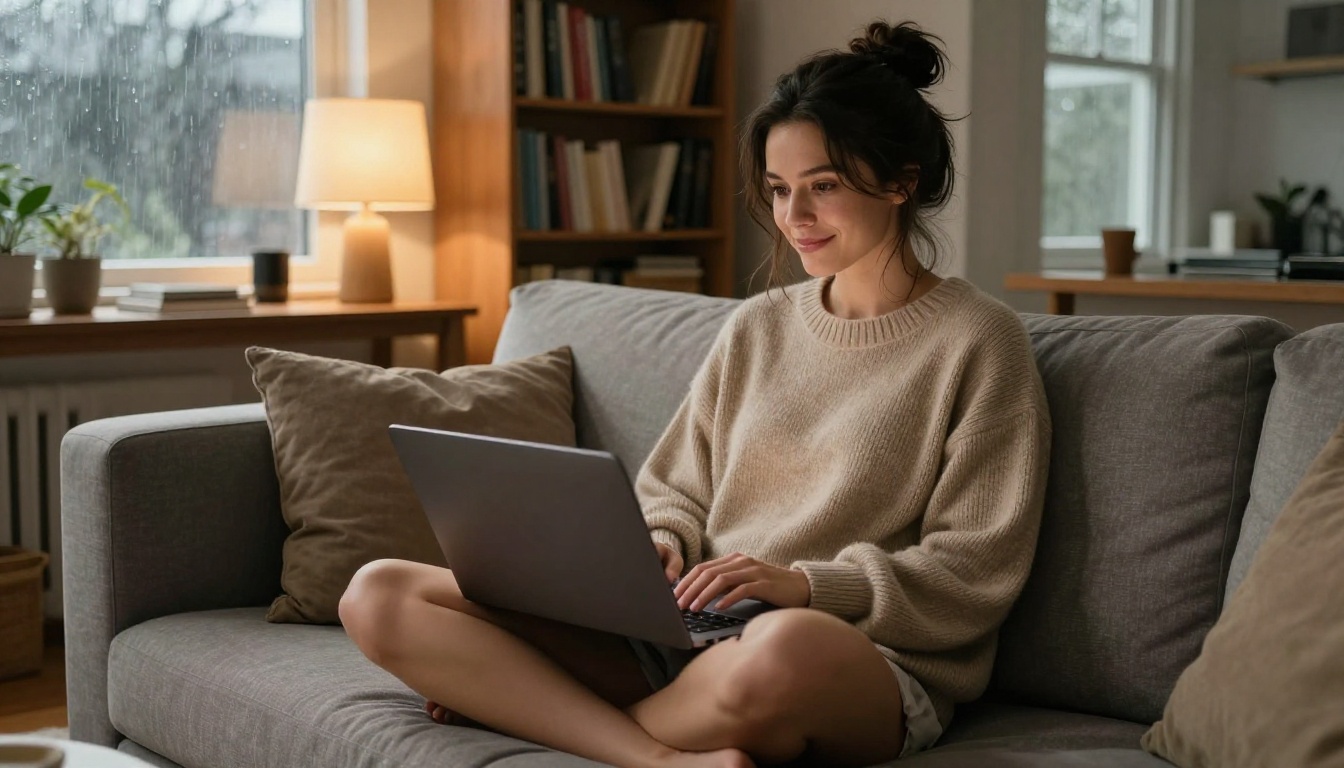Woman sitting cross-legged on sofa with laptop in warm cozy living room