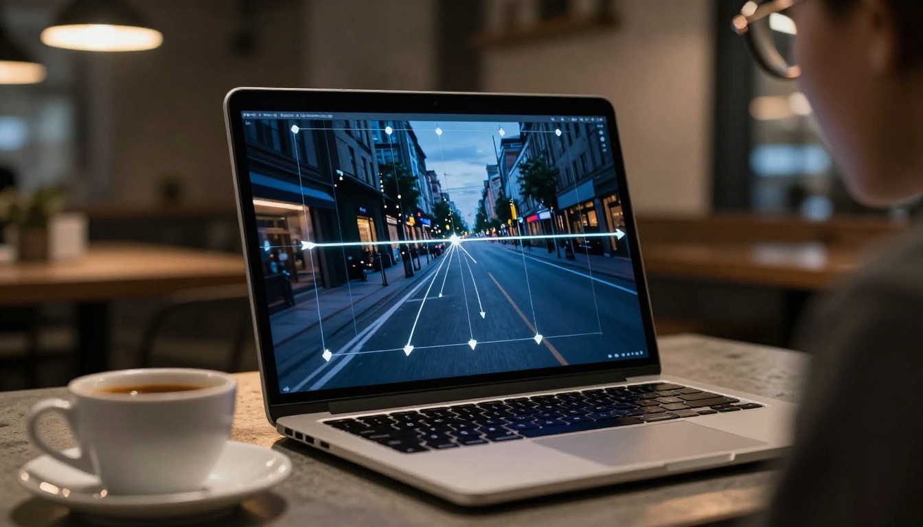 Motion vector analysis on laptop screen overlaid on city scene at blue hour