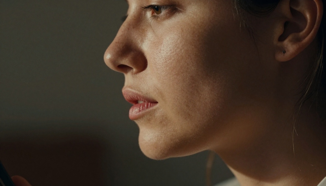 Extreme close-up of woman's face in warm side light, lips slightly parted