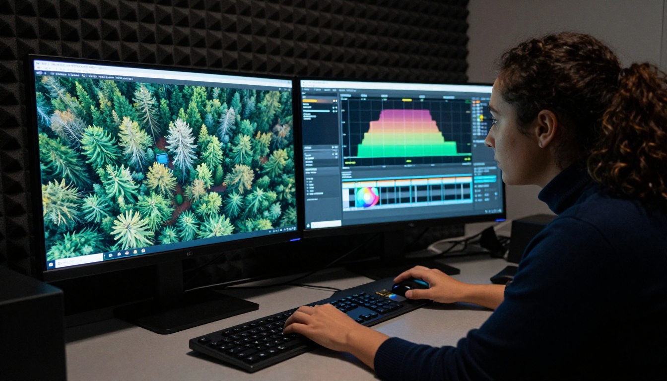 Professional colorist at dual-monitor grading suite reviewing smooth stabilized footage