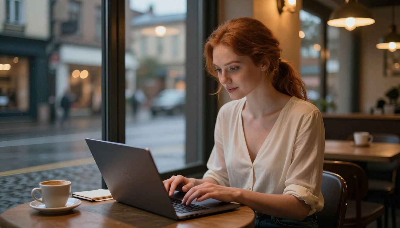 Young woman typing at cafe near window at dusk, rain-wet cobblestones outside