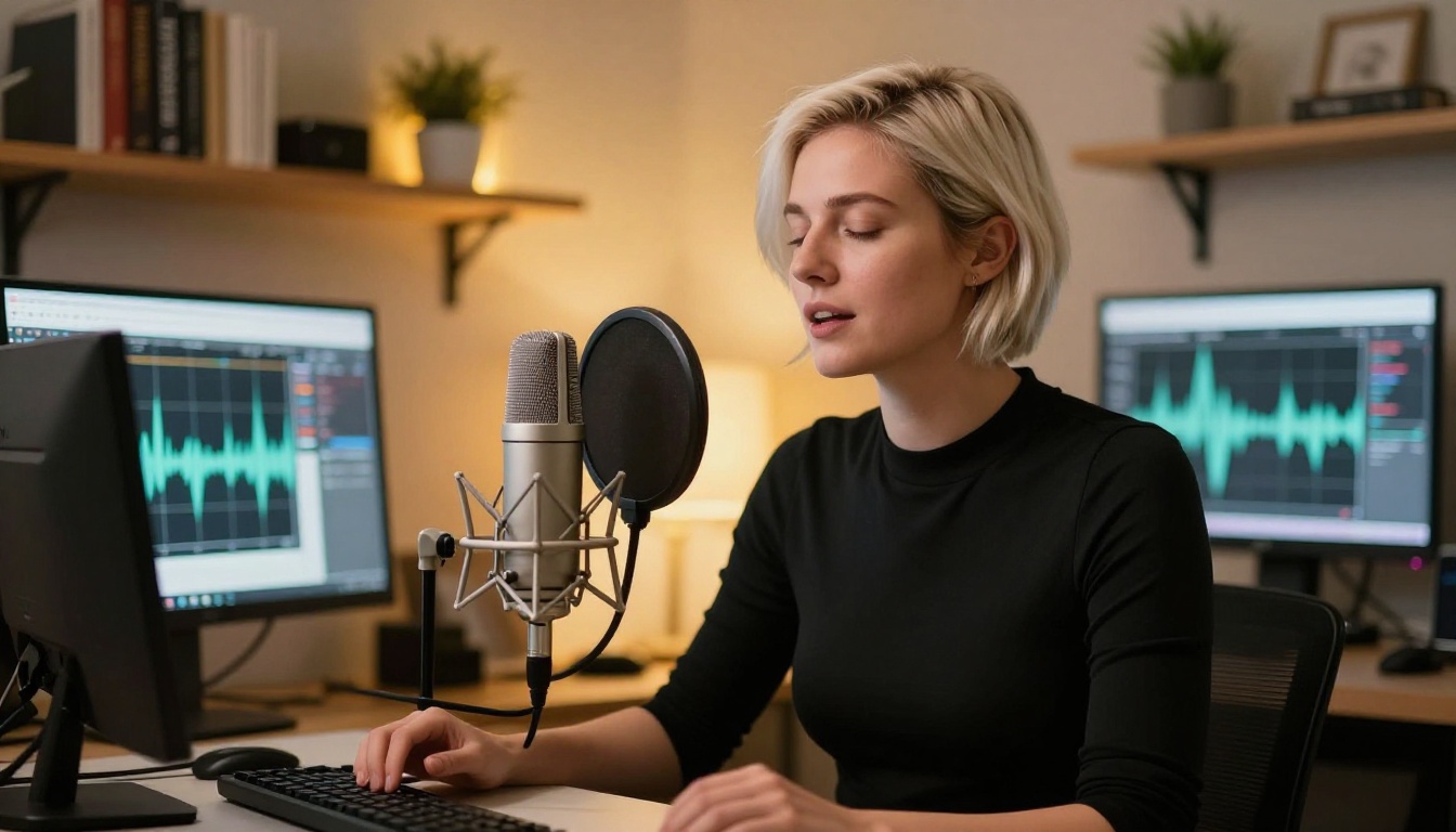 Woman at home recording desk speaking into studio microphone, eyes closed