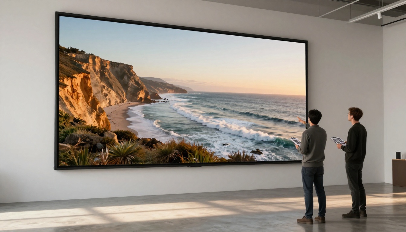 Two editors reviewing stabilized aerial coastal footage on large cinema-grade display