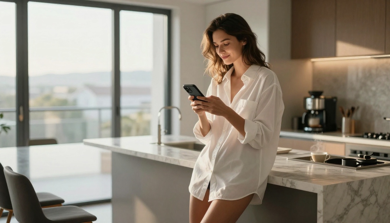 Woman in oversized white shirt in morning kitchen reading smartphone with satisfied expression