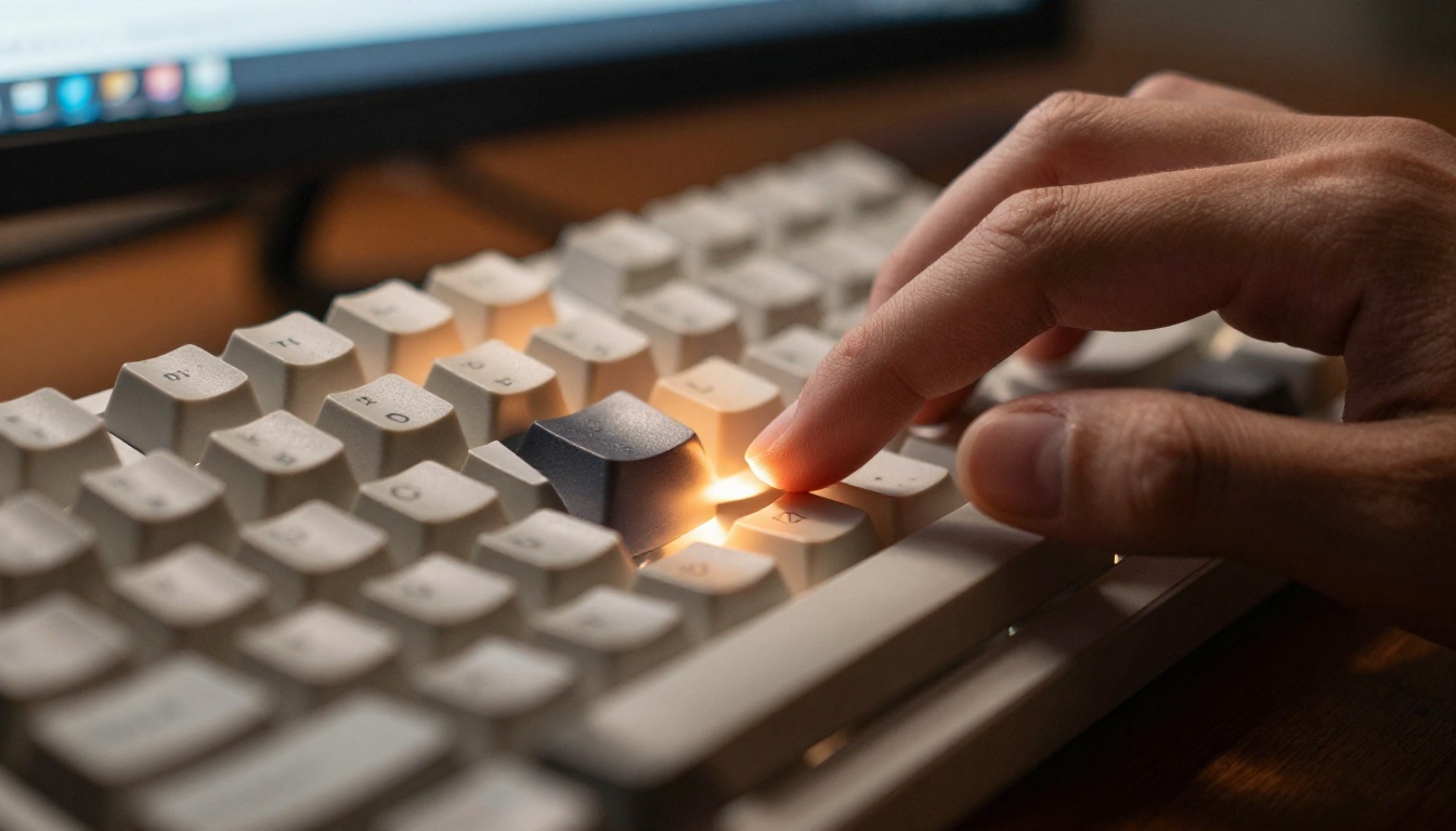 Close-up of hands typing on mechanical keyboard with video editing software visible in background