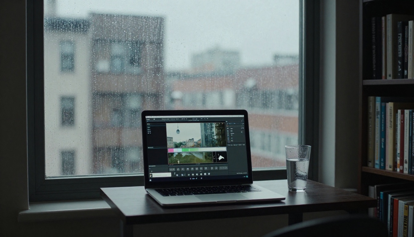 Laptop showing video stabilization render progress bar near rain-streaked apartment window