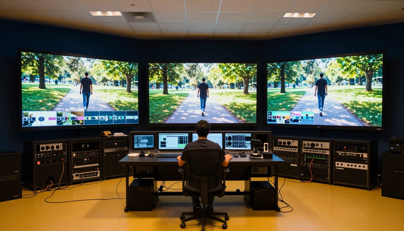 Broadcast post-production room with three reference monitors showing processed footage at different stages