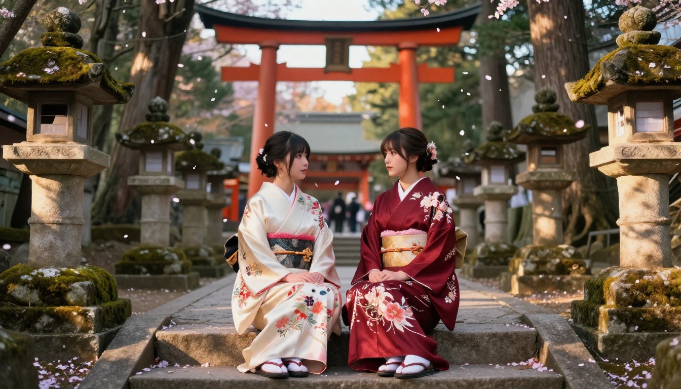 Two anime-inspired women in silk kimono at a Japanese Shinto shrine, cherry blossoms drifting in golden morning light