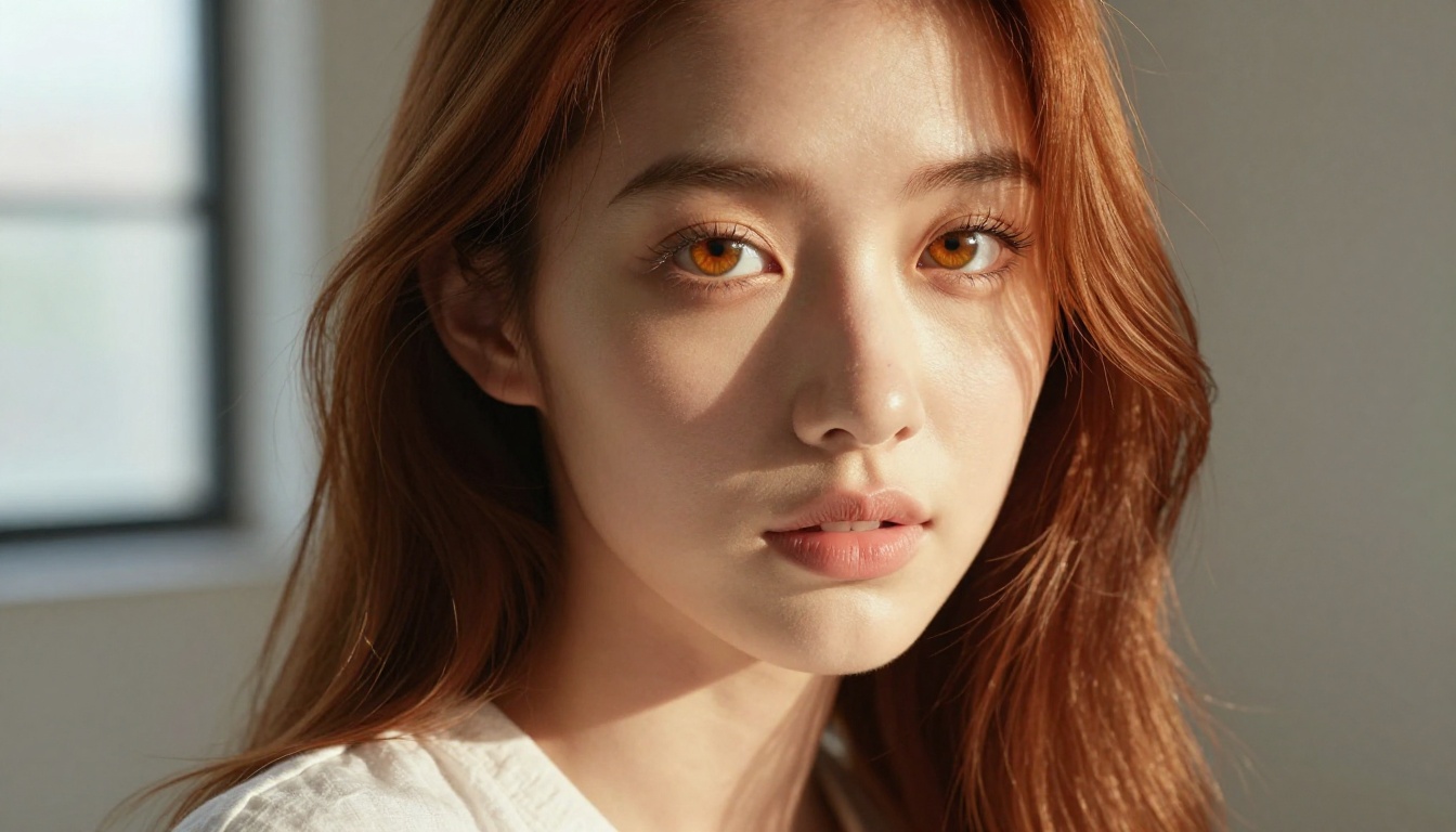 Extreme close-up of an anime-inspired woman with luminous amber eyes, ultra-fine eyelash detail, Kodak Portra film grain