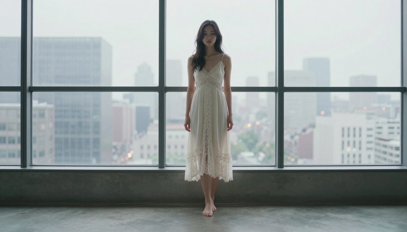 Anime-featured woman in lace slip dress standing at an industrial window overlooking a city skyline