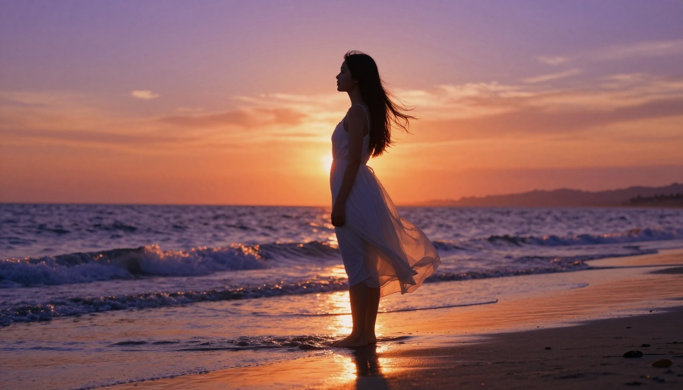 Anime woman in a flowing white sundress at a sunset beach, waves lapping at her feet, long hair catching the backlight