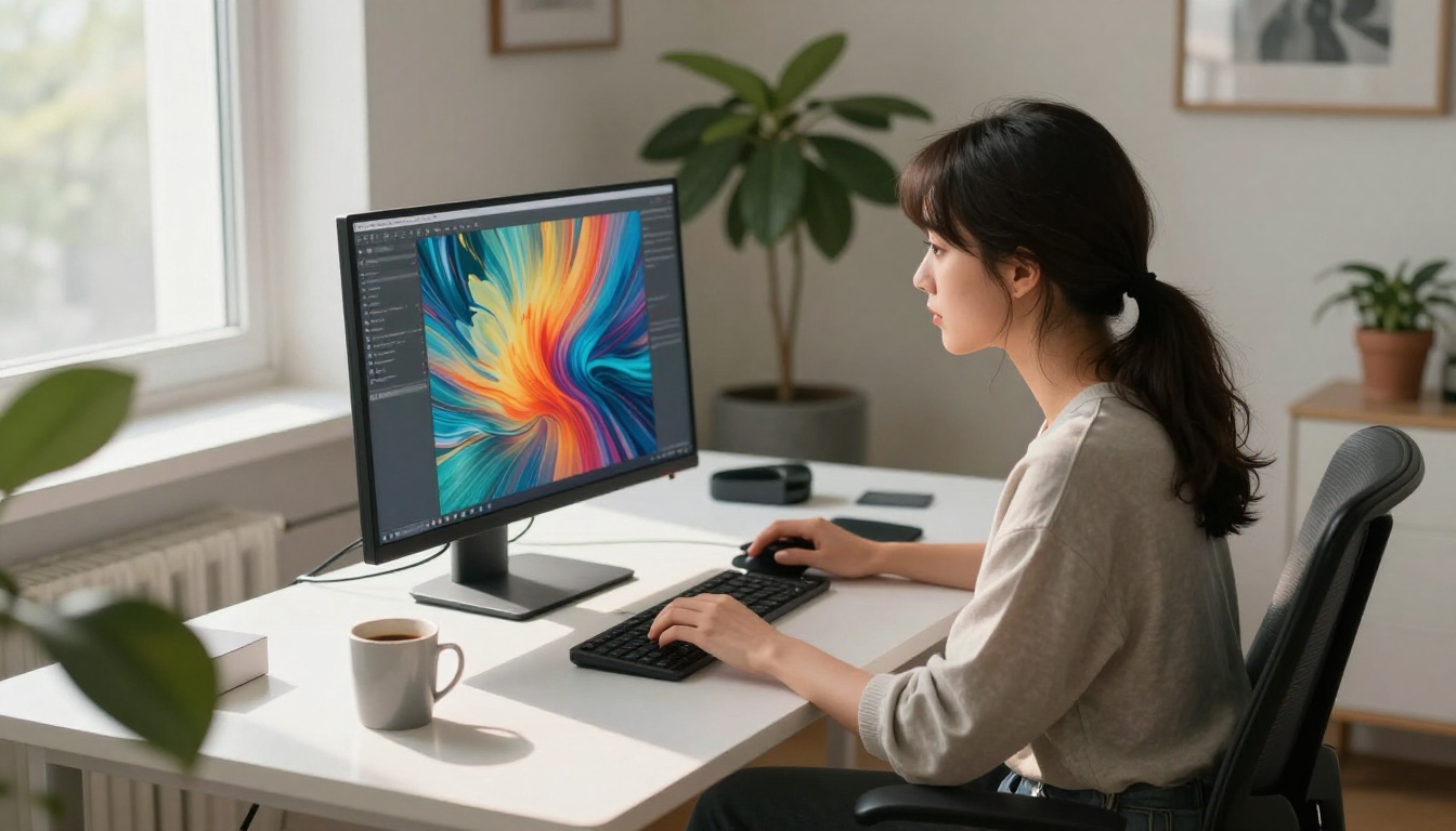 Young woman with anime features at a minimalist white studio desk, viewing AI artwork on a monitor in morning light