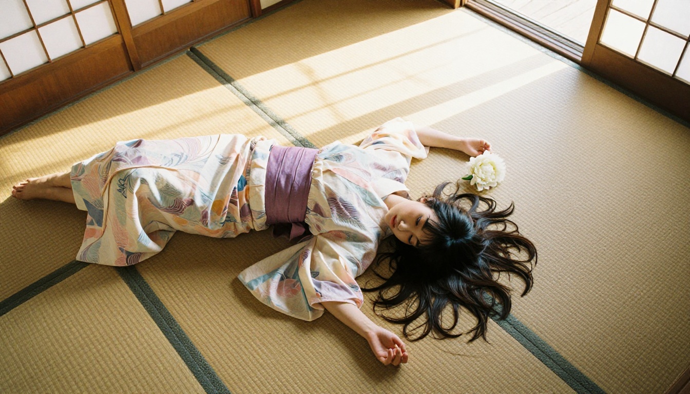 Aerial overhead view of an anime-inspired woman in a pastel yukata on tatami mat, white peony beside her hand