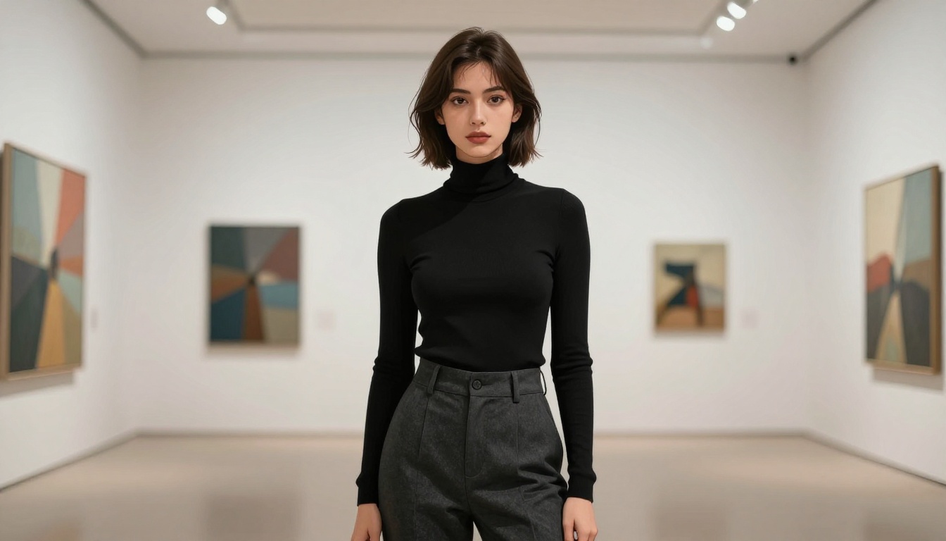 Young woman with anime-refined features in a modern art gallery, structured black turtleneck, gallery lighting