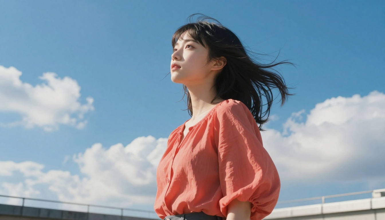 Low-angle view of an anime-featured woman on a rooftop terrace against a vivid blue sky, coral blouse in a breeze