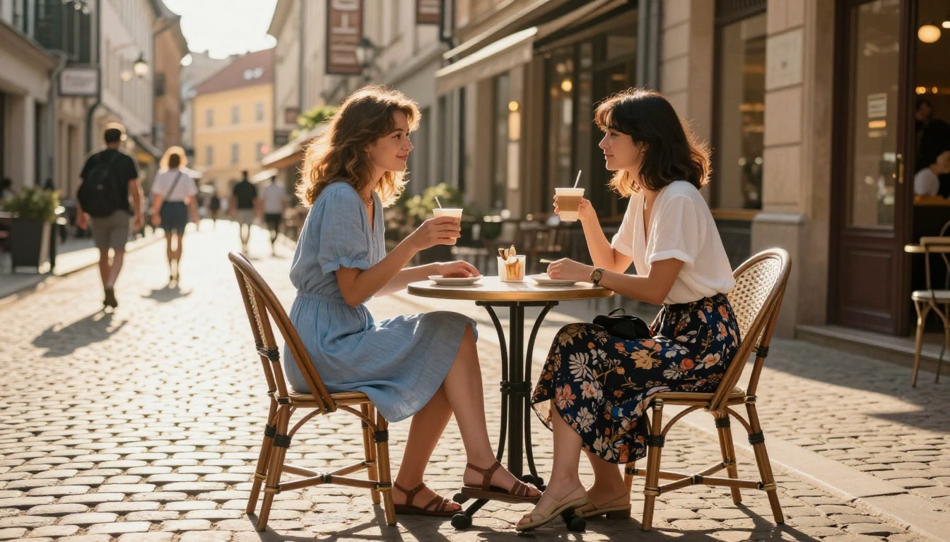 Two anime-refined women sharing coffee at an outdoor European cafe, golden-hour light, cobblestones