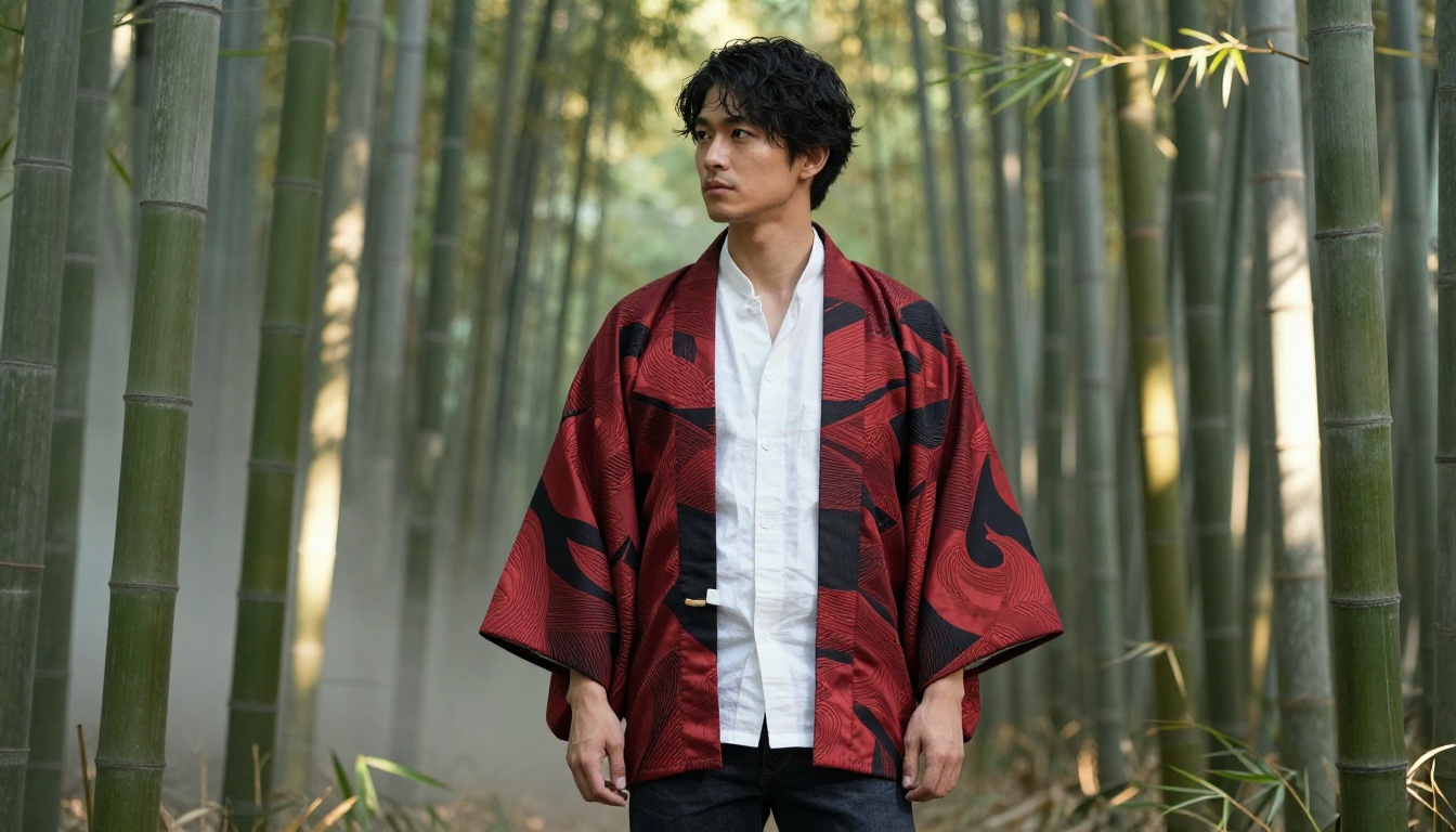 Photorealistic anime-inspired fashion look with haori jacket at bamboo forest at dawn