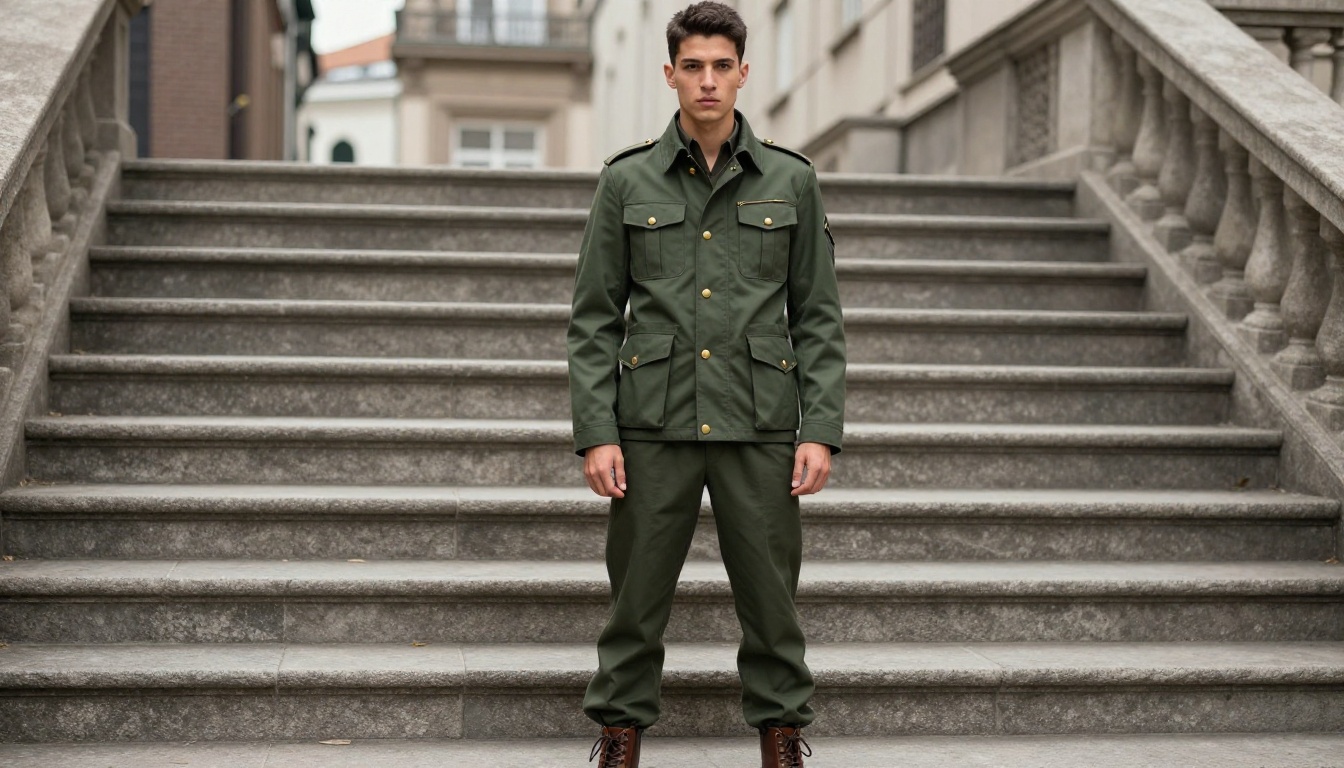 Military-inspired casual outfit with structured olive coat and brass buttons on stone stairway