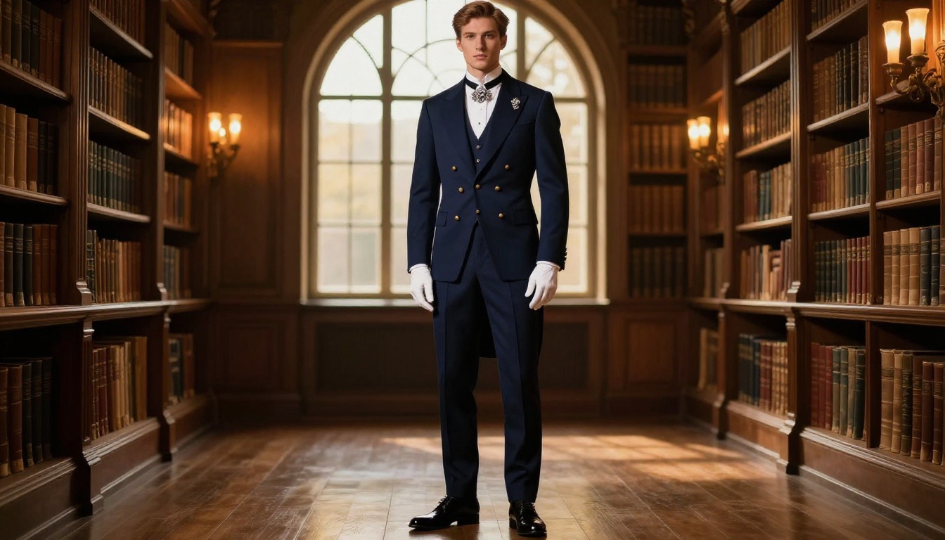 Elegant Victorian-inspired formal suit in grand library with floor-to-ceiling bookshelves and warm candlelight