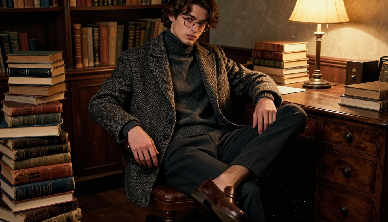 Dark academia inspired outfit at antique wooden desk with stacked old books and warm desk lamp light