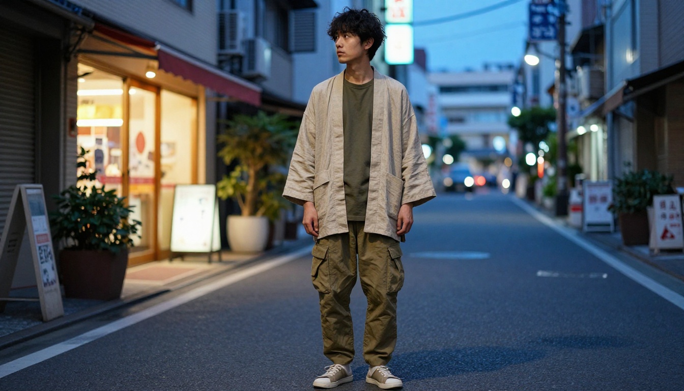 Shinobi streetwear outfit on quiet Tokyo side street at blue hour with warm convenience store glow in background