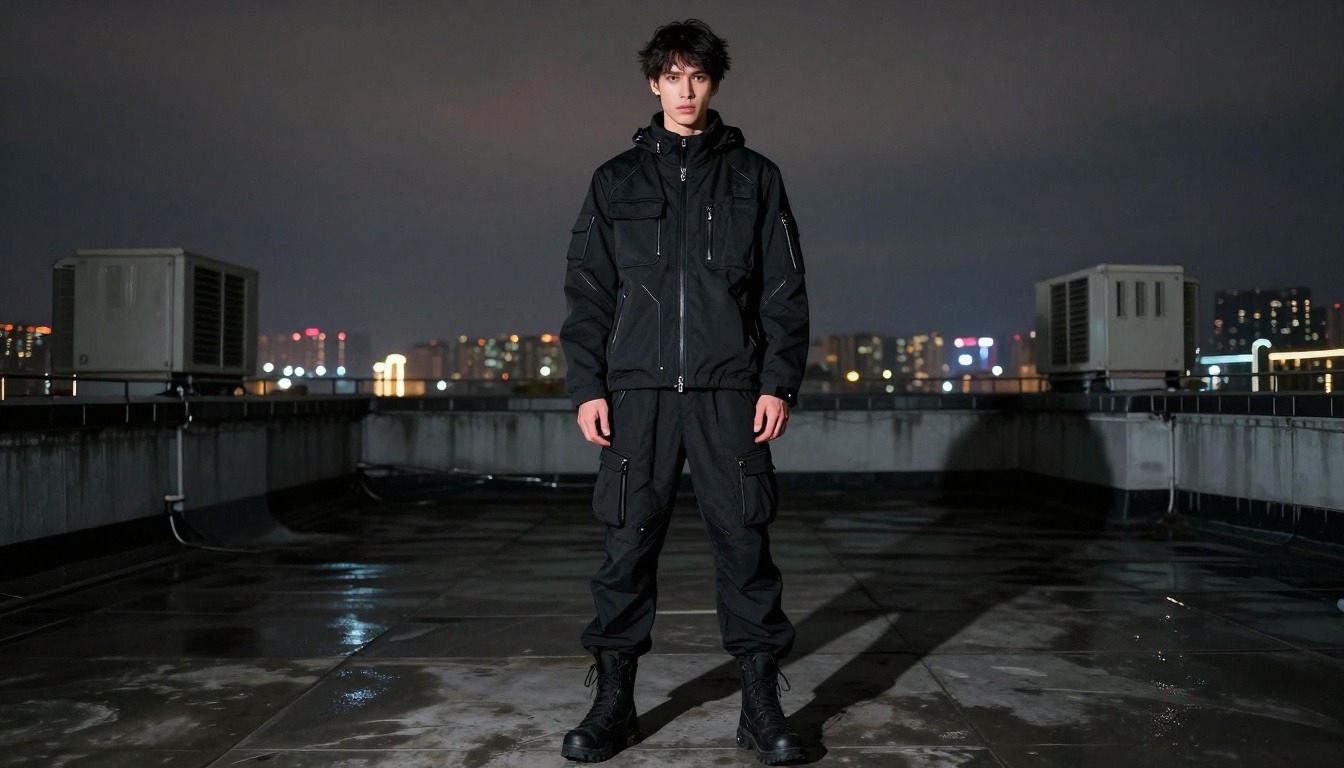 Tech-wear dark outfit on city rooftop at night with city lights below and wet rooftop surface reflections