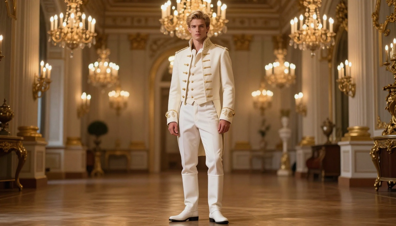 Elegant ivory prince outfit in ornate palace ballroom with chandeliers, photorealistic AI-generated fashion image