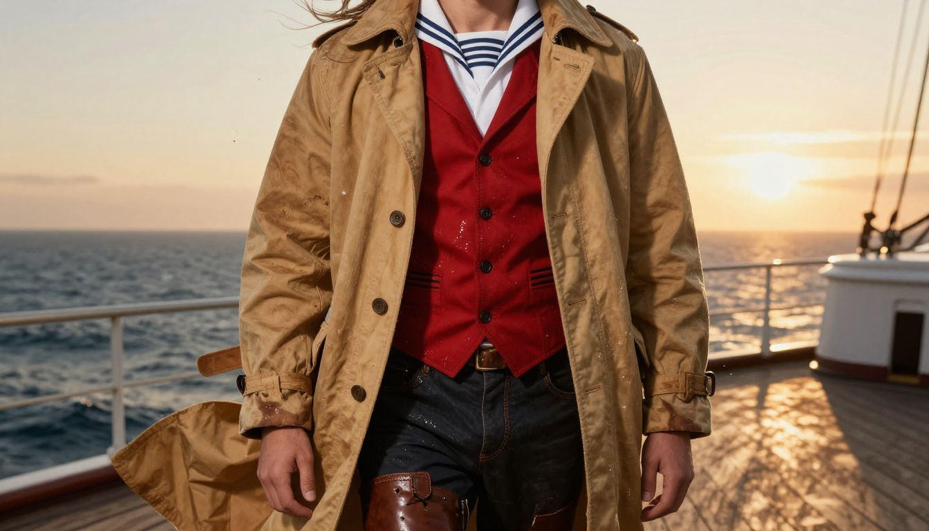 Nautical adventure outfit with layered canvas coat on wooden ship deck at golden hour