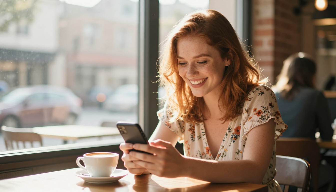 Woman with auburn hair laughing warmly at smartphone in sunlit cafe Woman with auburn hair laughing warmly at smartphone in sunlit cafe