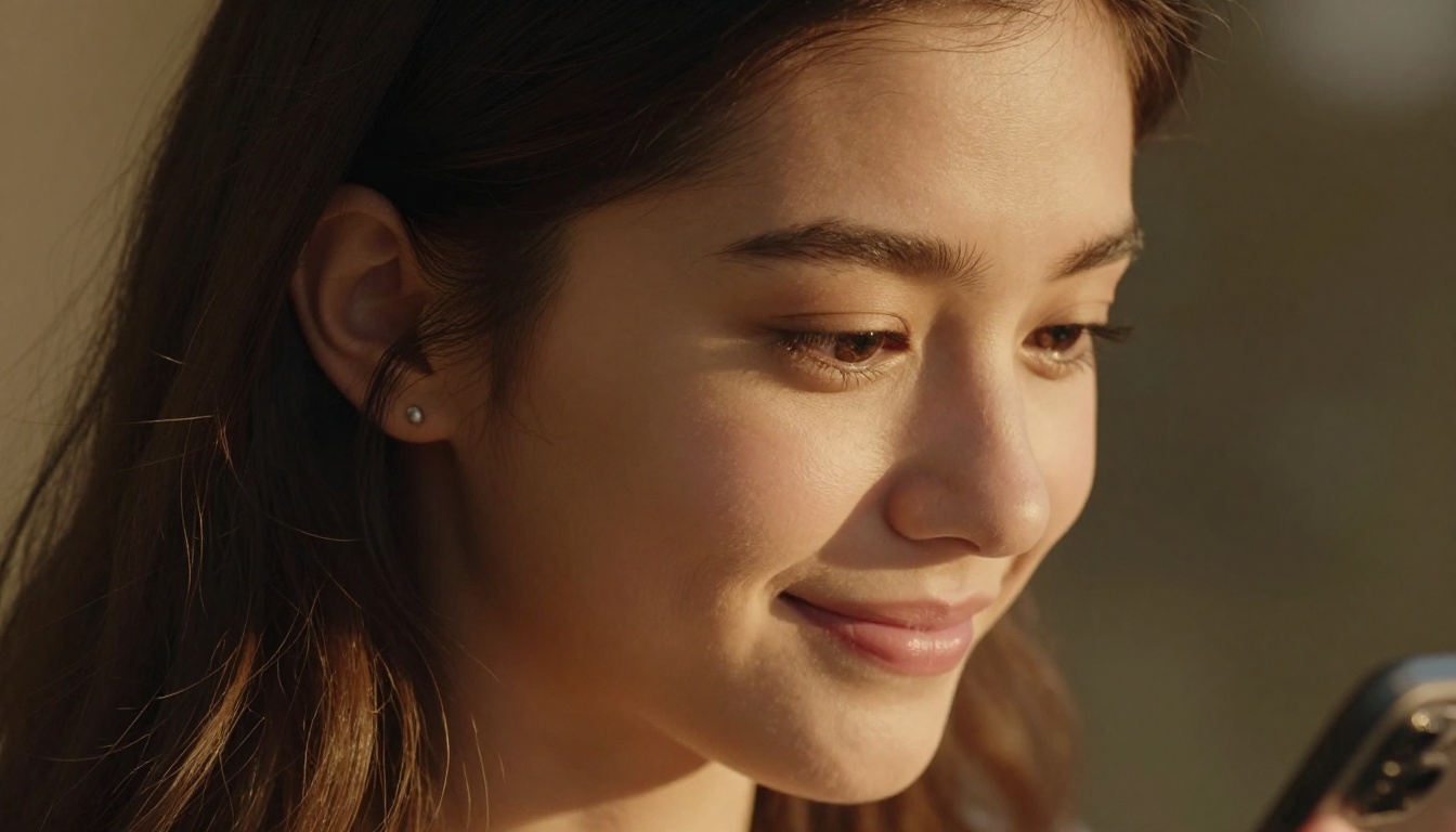 Close-up portrait of a young woman's face in warm golden hour sunlight with a gentle smile Close-up portrait of a young woman's face in warm golden hour sunlight with a gentle smile