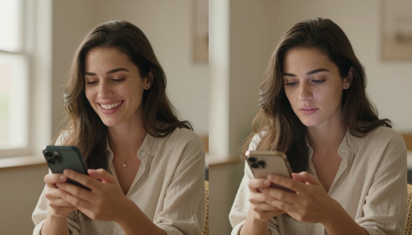 Two women side by side each focused on smartphones with different candid expressions Two women side by side each focused on smartphones with different candid expressions