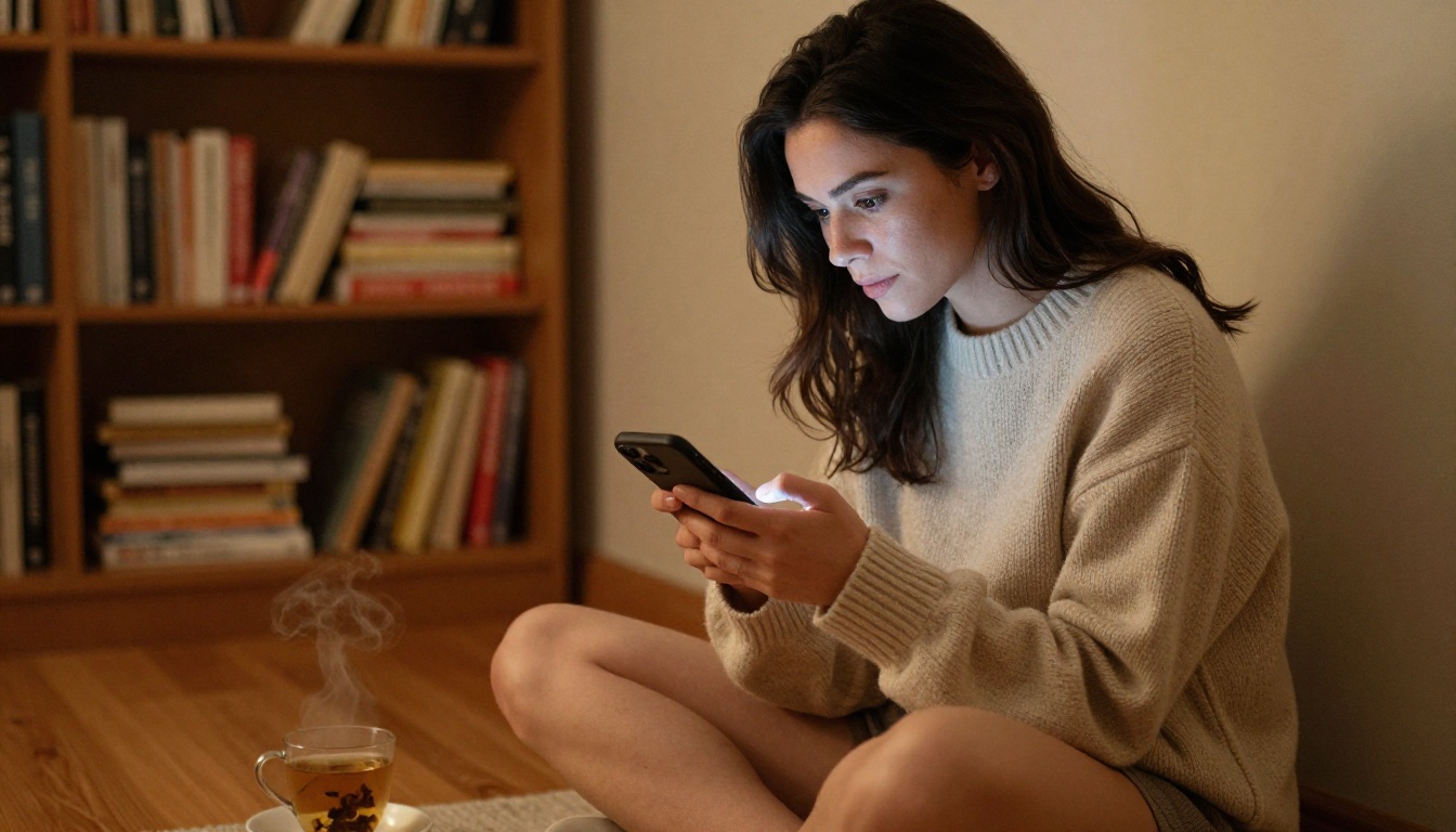 Woman sitting cross-legged on wooden floor absorbed in an intimate smartphone conversation by warm lamplight Woman sitting cross-legged on wooden floor absorbed in an intimate smartphone conversation by warm lamplight