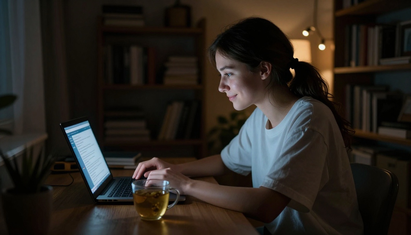Woman late at night reading AI chat on laptop, warm screen glow
