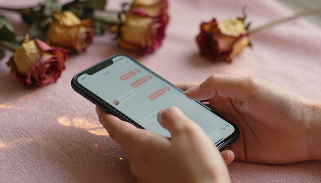 Close-up of hands typing on smartphone, chat bubbles visible