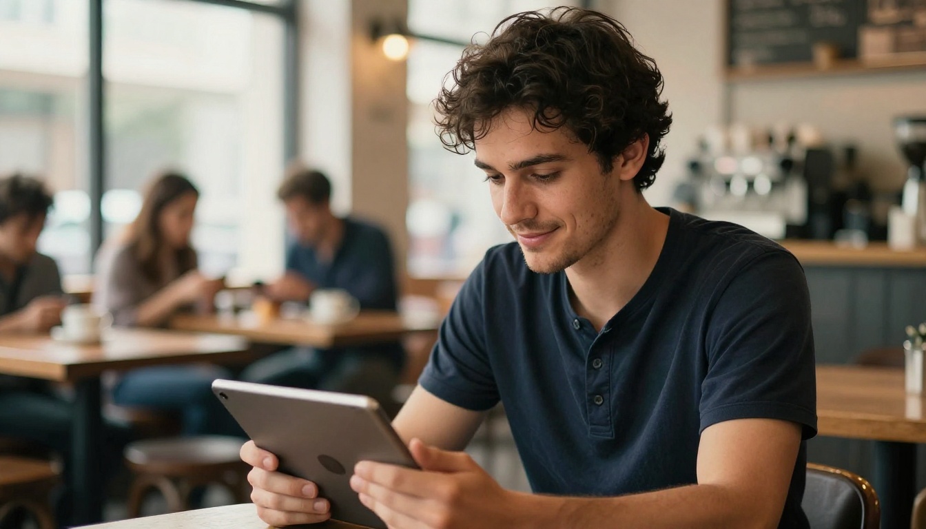 Man in coffee shop holding tablet, soft expression