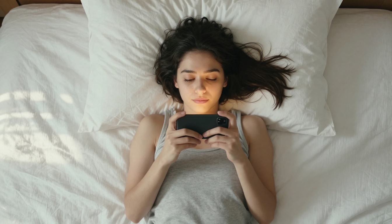 Woman aerial view lying in bed scrolling phone, morning light