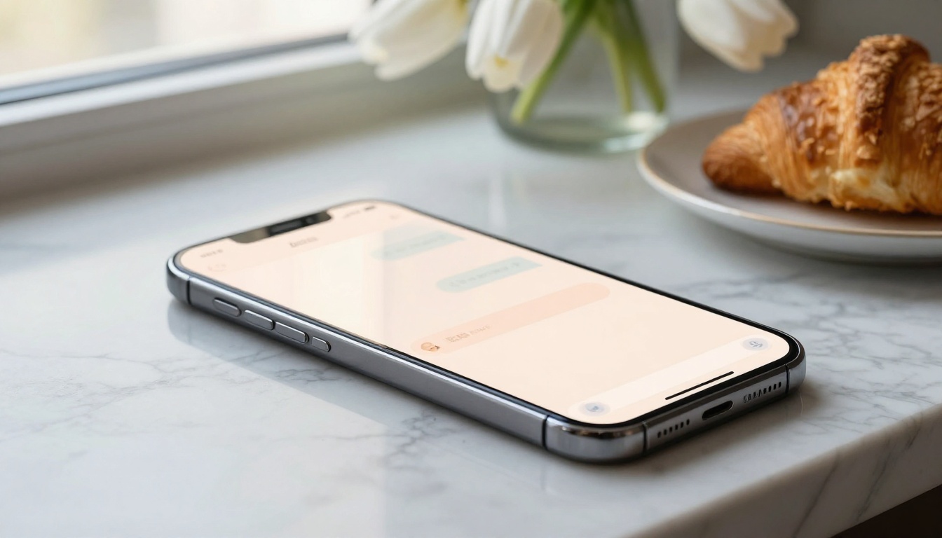 Phone on marble countertop with chat interface, morning light