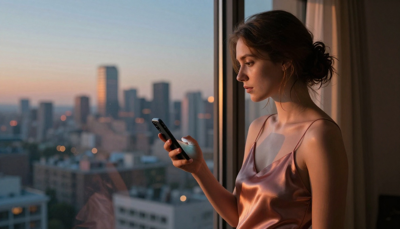 Woman at window at dusk, phone in hand, contemplative