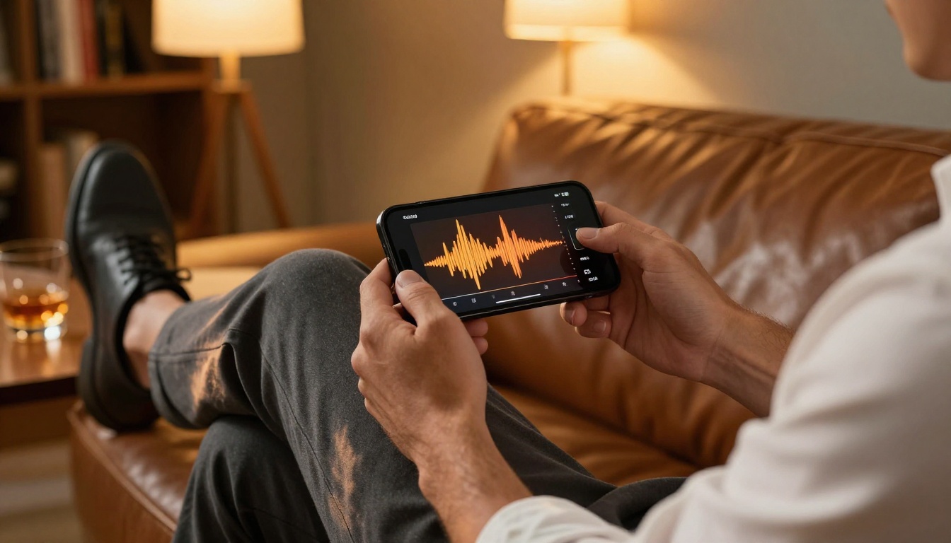 Man holding phone showing voice waveform, evening living room