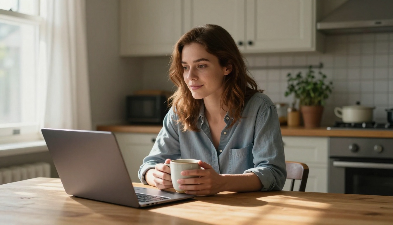 Woman at kitchen table with coffee, morning light, thoughtful