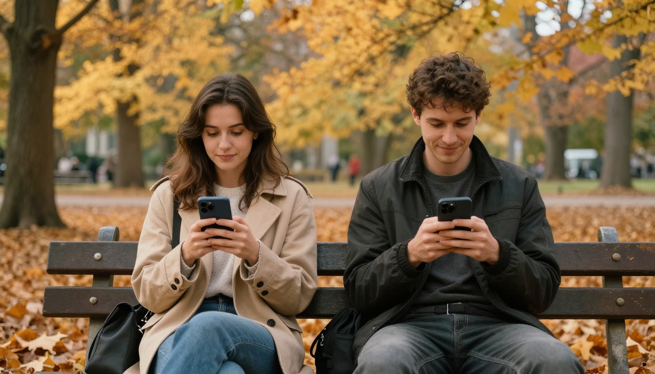 Couple on park bench, each smiling at separate phones, autumn