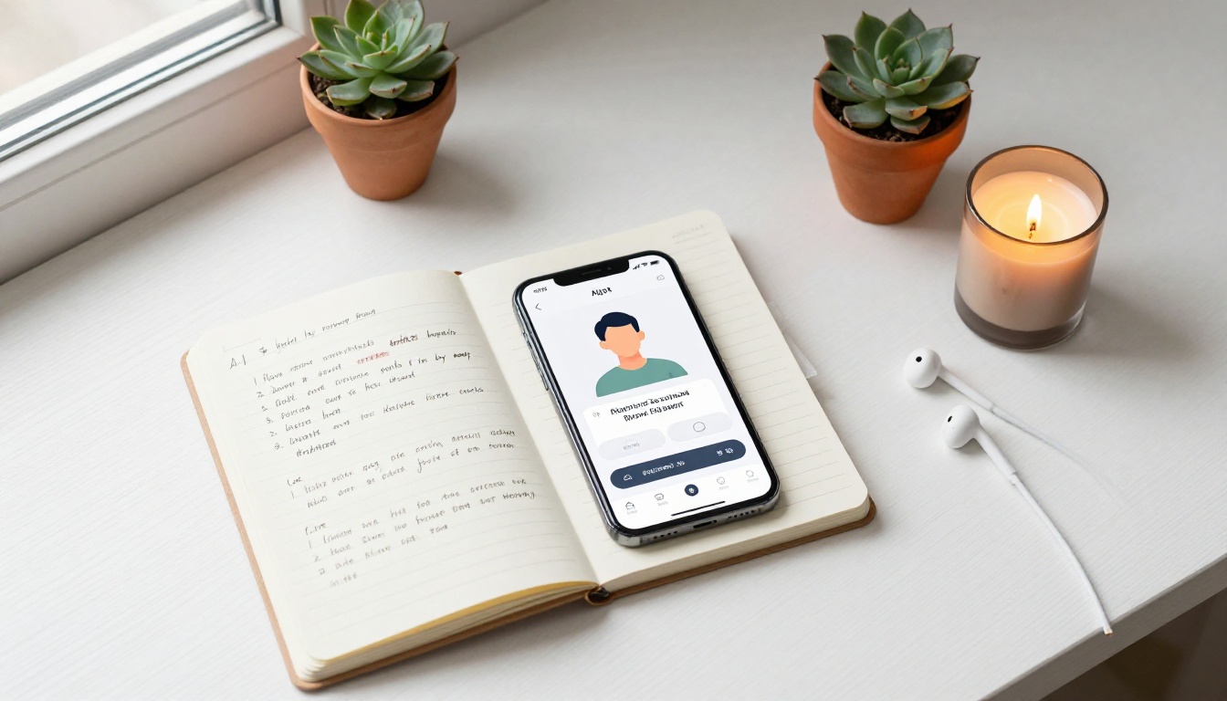 Flat-lay digital wellness setup, journal, earphones, candle, phone